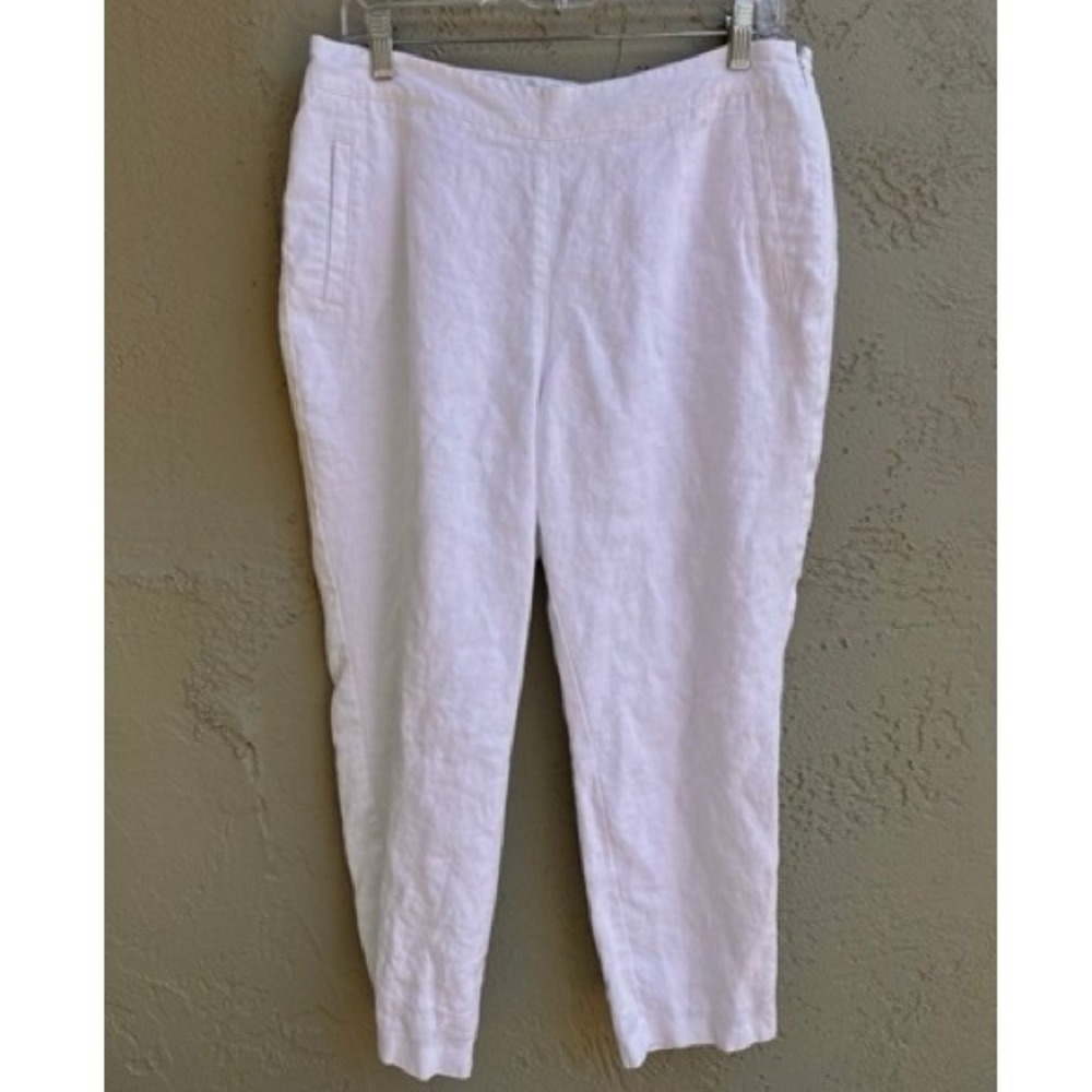 East Womens White Linen Tapered Crop Pants SZ 12 Minimalist Coastal Casual
